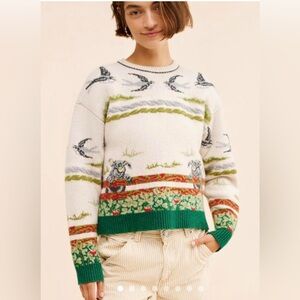 Anthropologie Green and Cream Patterned Sweater